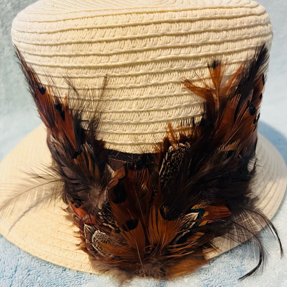 Antonio Melani Straw Hat, Feathers, Brown ribbon band. - Picture 1 of 8